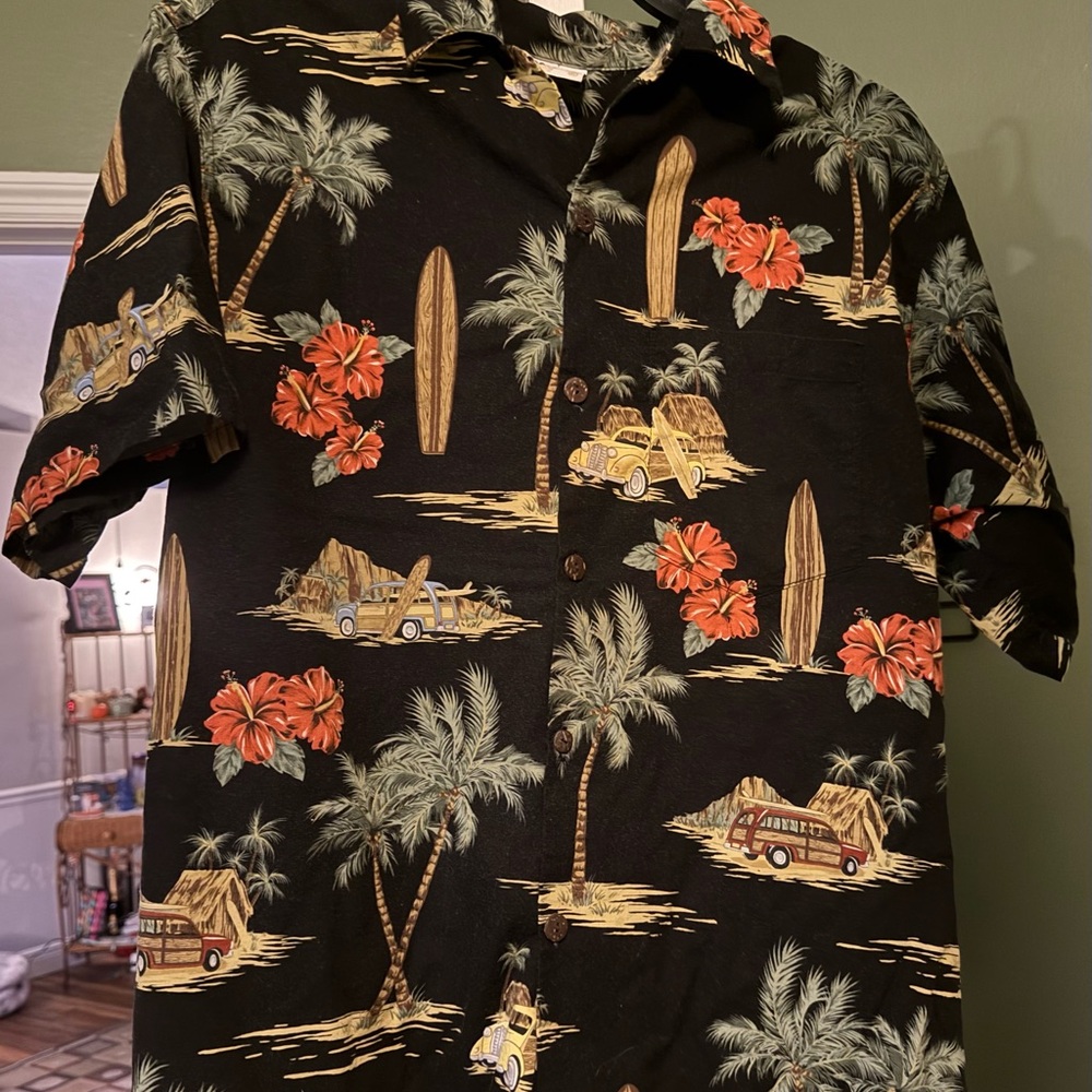 Tropical Black Surf Shirt with Red Floral Patterns